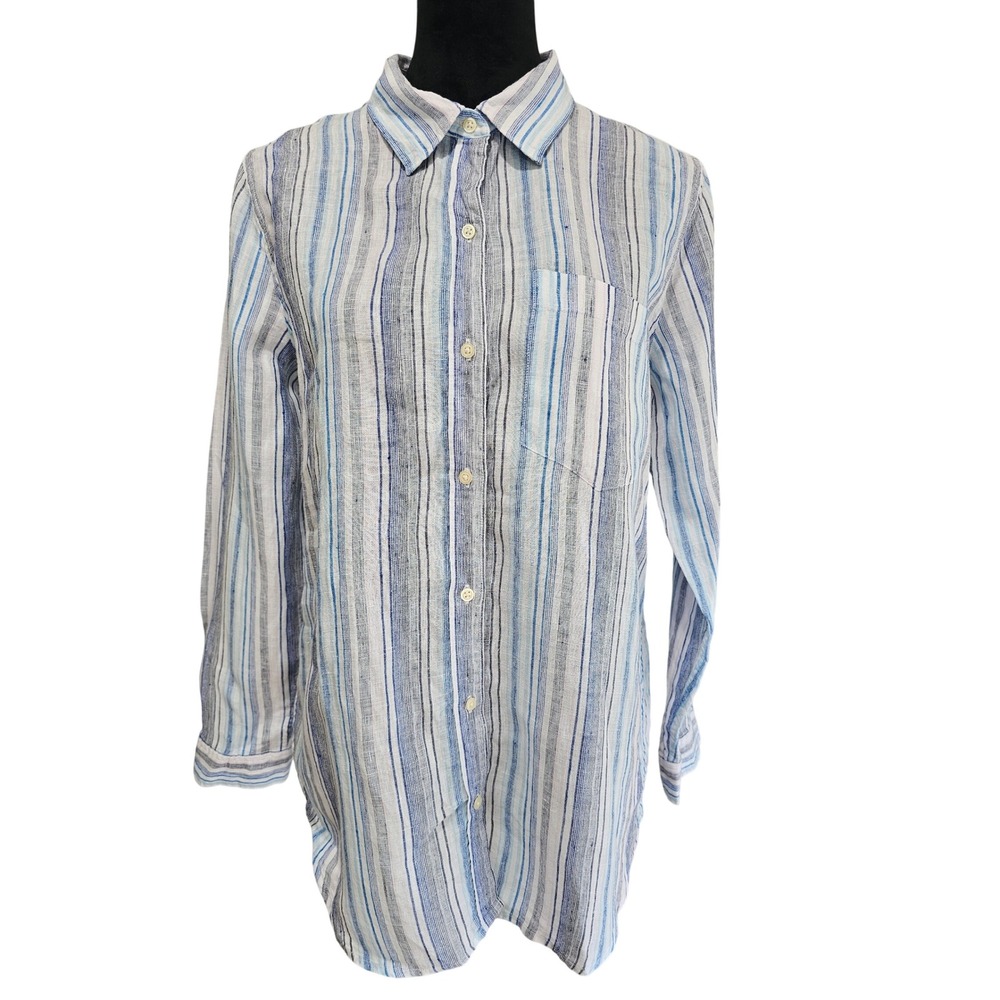 Gap Linen Button Down Shirt Womens Medium Blue Striped Boyfriend Fit Lightweight